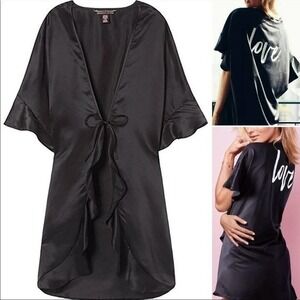 Victoria’s Secret Black Satin Ruffle Kimono Robe